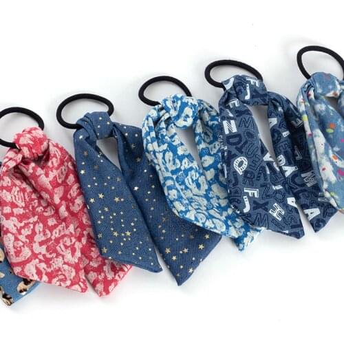 Cute Star Letter Dot Denim Streamer Band Women Girls Bowknot Scrunchies Headband Hair Ties Ponytail Holder Hair Accessories