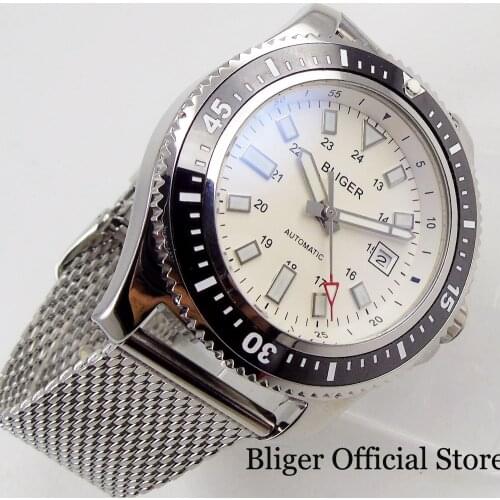 BLIGER Brand 44mm Automatic Men Watch White Dial With Rotating Bezel Date Function Mental Strap MIYOTA Movement