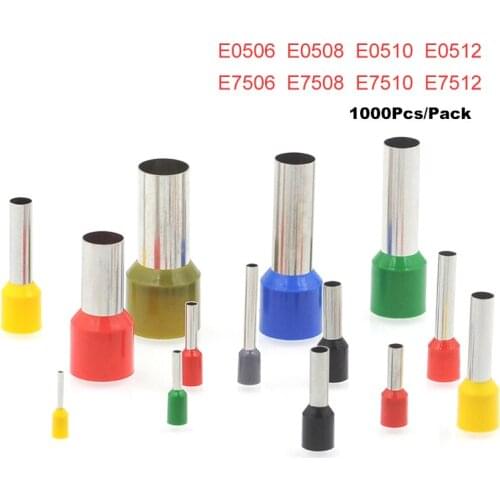 1000Pcs Tube Crimp Terminals Insulated Cord End Electrical Wire Connector E0506~E7512 Cable Brass Ferrules 0.5-0.75mm2 22-20AWG