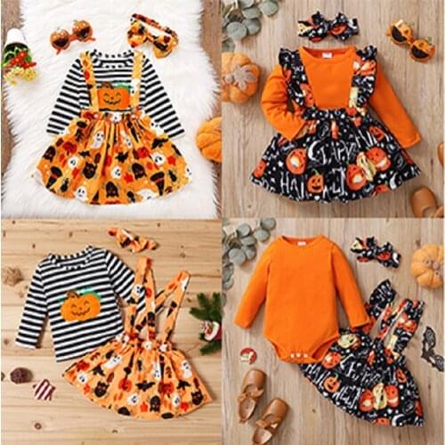 Baby Girl Clothes Kids Girls Dress Long Sleeve Striped T-shirt Halloween Pumpkin Skirt платье для девочки Ropa Bebe Niña Toddler