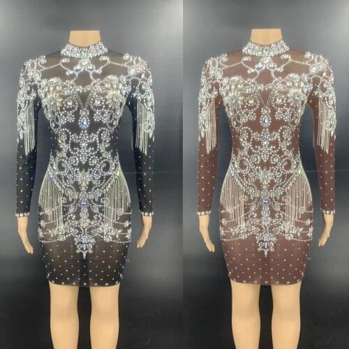 Luxury Crystal Tassel Party Bodycon Dress Women See Through Evening Prom Rhinestone Dress Latin Dance Fringes Dress Stage Outfit