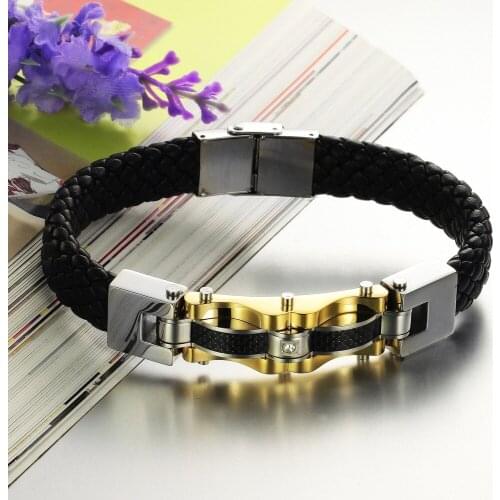 Luxury Genuine Leather Bracelet Bangle Man Gold Color Stainless Steel Bracelet Jewelry With Carbon Fiber