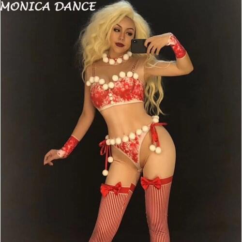 Christmas New Year Women Sexy Stage Red Jumpsuit Small Ball Bodysuit Nightclub Party Stage Wear Dancer Singer Bling Costumes