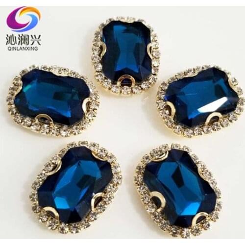 Gold bottom Peacock blue Rectangle shape top quality glass crystal buckle,sew on rhinestones for diy jewelry accessories SWCBG14