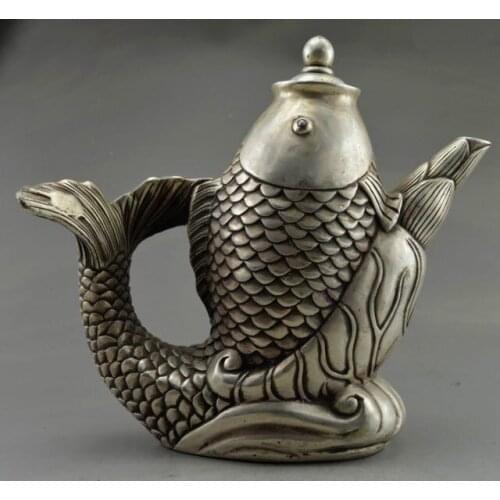 Decoration white Copper silver factory Chinese Collectible Decorated Old Handwork Tibetan Silver Big Fish Auspicious Tea Pot