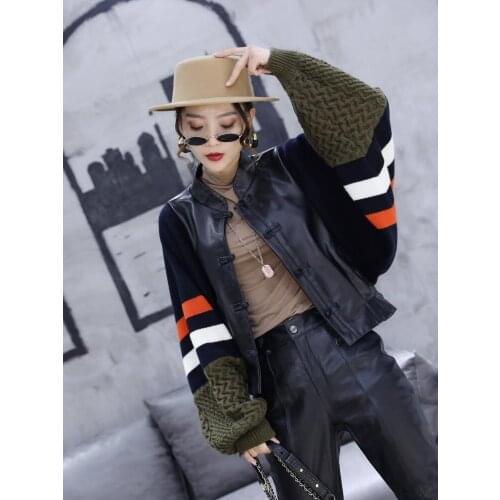 Womens 2020 New Style for Autumn and Winter natural Sheepskin Wool Sleeve real Leather Jacket Bat Sleeve Leather Jacket