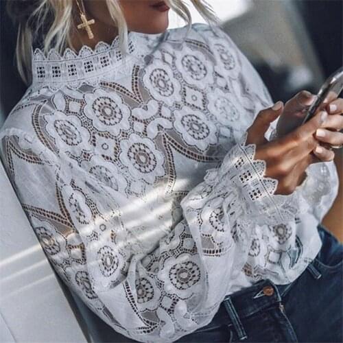 Women Lace Blouse Boho Elegant Formal Embroidery White Shirts Office Lady Flower Hollow Fashion Female harajuku Party Tops