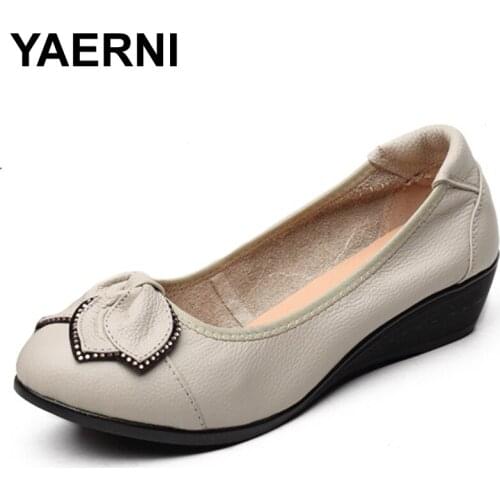 YAERNI Genuine Leather Women High Heels Handmade Brand Fashion Women shoes high heel Black Slip on Casual Women wedges Shoes