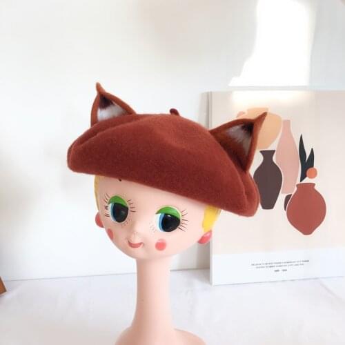 Women Winter Nick Fox Ear Beret Handmade Adult Size Hat Vintage Painter Wool Cap Gift High Quality Wholesale