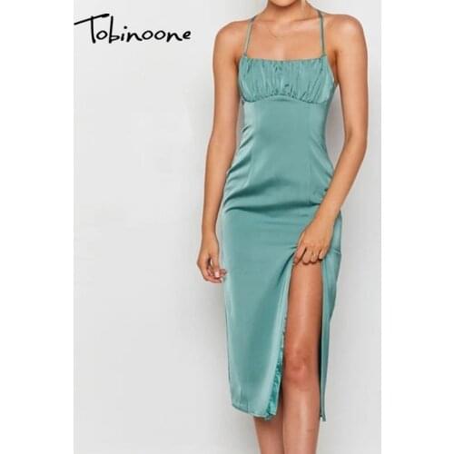 Tobinoone Satin Lace Up Ruched Split Sexy Dress Women Solid spaghetti strap Backless midi Dresses Summer Evening Party Vestidos