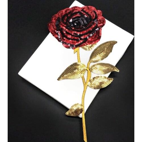 1PC Sequin Red Gold Rose Embroidery Iron on Patches Badge Clothes Fabric Applique DIY Accessories T-shirt Stickers for Cloth