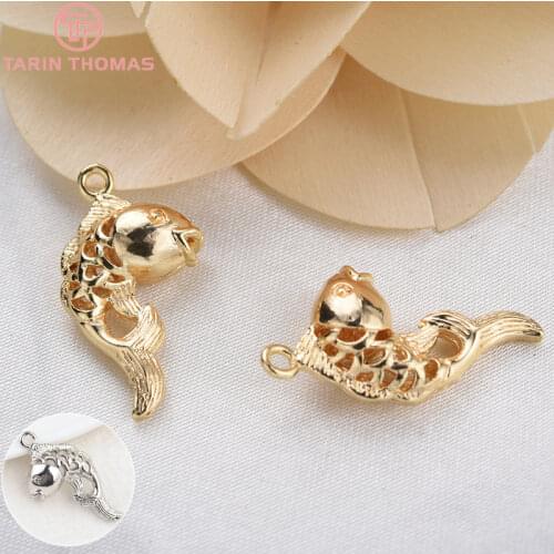 10PCS 12x23MM 24K Gold Color Plated Brass Fish Charms Pendants High Quality Jewelry Accessories