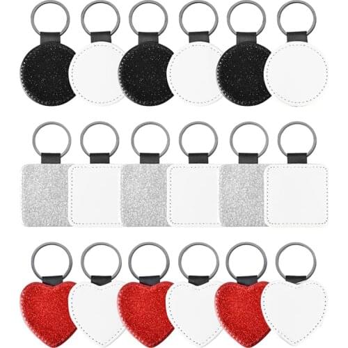 18 PCS Sublimation Blank Keychain Heat Transfer PU Leather Keychain Round Square Shape Keychain for Present DIY Making