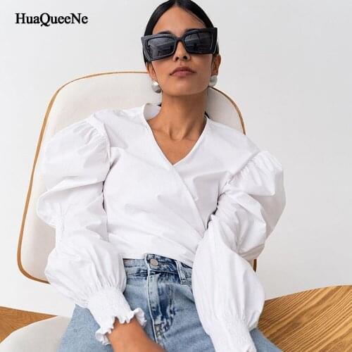 White shirt ladies lantern sleeve elegant shirt short blouse sexy retro V-neck office ladies shirt pure cotton