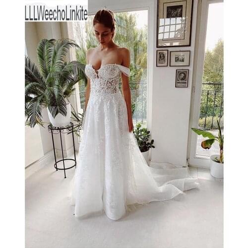 White Lace Organza Tulle Off The Shoulder Floor-Length A-Line Wedding Dresses Chapel Train Sweetheart Bridal Gowns