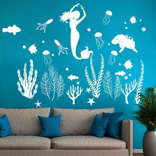 Large Mermaid Under Sea Wall Decal,Ocean Fish Seaweed Jellyfish Animal Wall Vinyl Sticker Art Mural,Bathroom Decal B-36