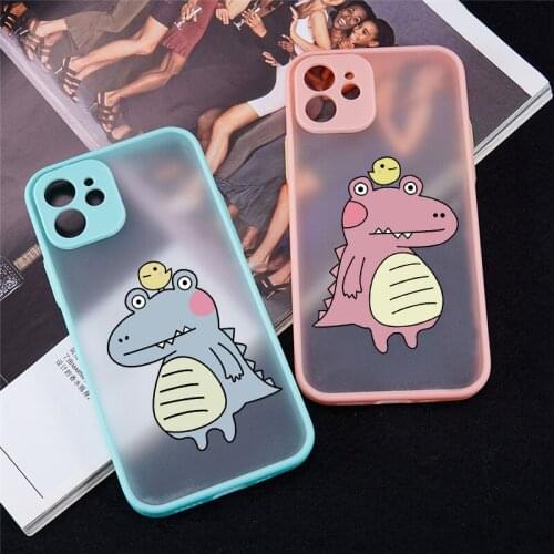 Cute Pink Green Dinosaur Couple Phone Case For iPhone 11 12 Pro MAX XS X XR SE 20 7 8 6Plus Animal Clear Hard Matte Cover Fundas