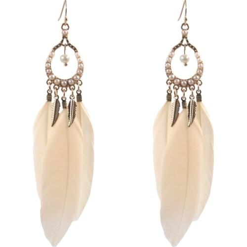 DoreenBeads Fashion Drop Earrings Bohemia White Round Triangle Dream Catcher Leaf Feather Earrings For Women Party Jewelry,1Pair