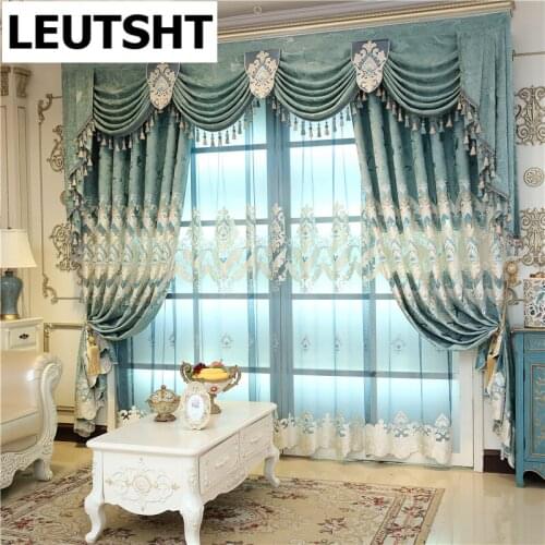 European Luxury Laser Embroidered Window Curtains for Living Room Balcony Classic High Quality Blue Curtains for Bedroom Kitchen
