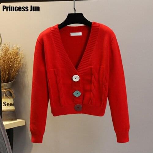 Sweet Girl Red V Neck Short Sweater Women Twist Knit Slim Cardigan Plus Size Fashion Colorful Buttons Knitwear Long Sleeve Top