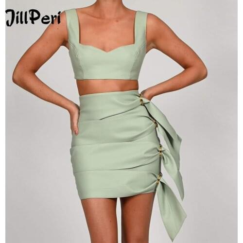 JillPeri PU Leather Crop Top and Skirt Two Piece Set Draped Elegant Party Club Winter Birthday Sexy 2 Piece Sets Womens Outfits