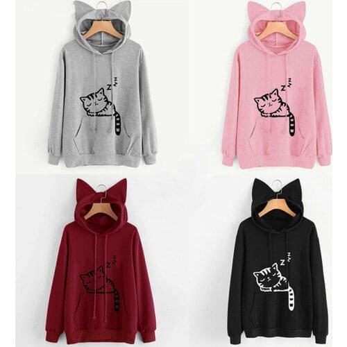 Fashion Women Cute Cat Print 3D Ear Hoodie Autumn Winter Long Sleeve Sweatshirt 2018 Ladies Hooded Jumper Pullover Tops Hoodies