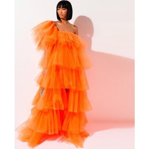 Orange Ball Gown Summer Dress For Evening Ruffles Tiered Cack Tulle Dress robe de soiree Girls Sweet Party Gowns Vestidos