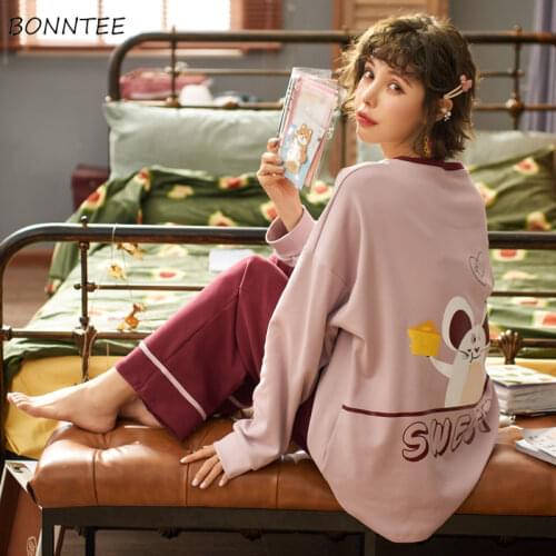 Pajama Sets Women Kawaii Print Chic Ulzzang Soft Spring Fall Lady Pjs Sleepwear Oversize Popular Ins Loose Preppy Girls Homewear