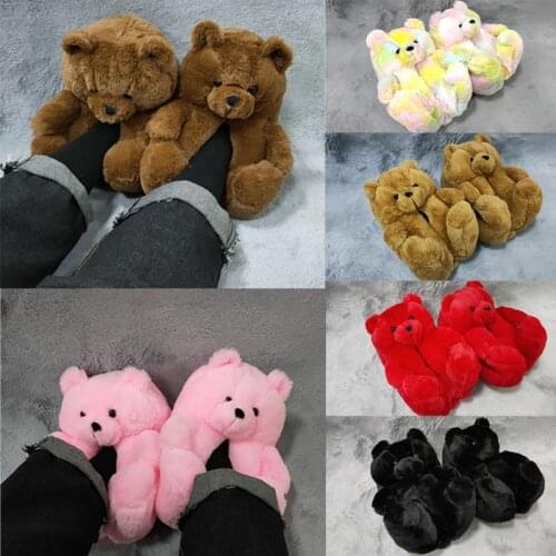 Plush Teddy Bear House Slippers Brown Women Home Indoor Soft Anti-slip Faux Fur Cute Fluffy home slippers Women Winter Warm Shoe