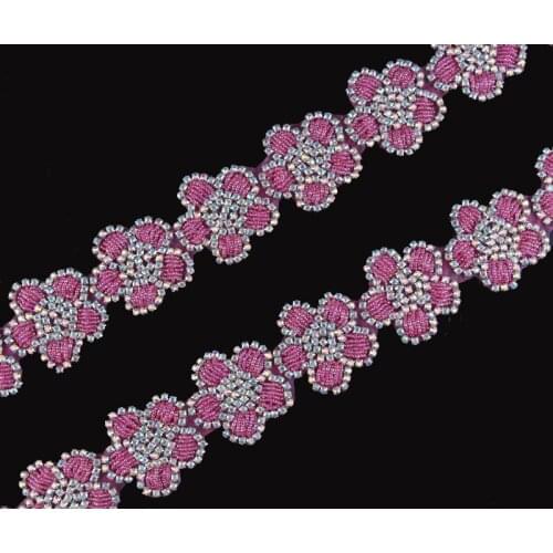 10Yard Luxury Pink Beaded Motif Rhinestone Applique Trim Flower Shape Crystal Applique Patch Trimming For DIY Dress/Belt/Shoe