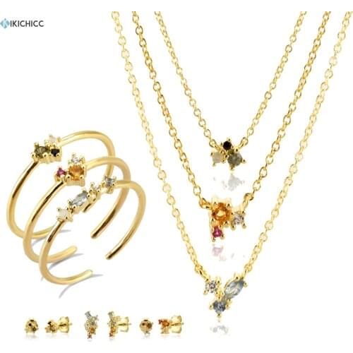 Kikichicc 925 Sterling Silver Rainbow Colorful Styd Earring Piercing Resizable Rings Crystal Zircon Necklace Choker Jewelrt Set