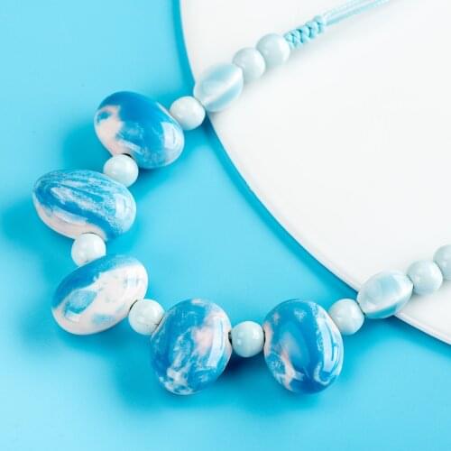 Blue Pink Cobblestone Shape Ceramic Bohemia Bead Necklace Pendant Vintage Necklaces Classic Style Jewelry #2584