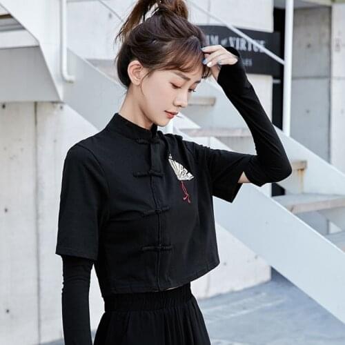 Chinese Style Element Top Fan Print Harujuku Black T-Shirt Women 2021 Asian Streetwear Bottons Cheongsam Crop Tops KK3694
