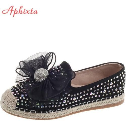 Aphixta Crystals Women Flats Shoes Bow Fisherman Flat Heel Bling Loafers Round Toe Cane Fabrics Flats Casual Ladies Footwear