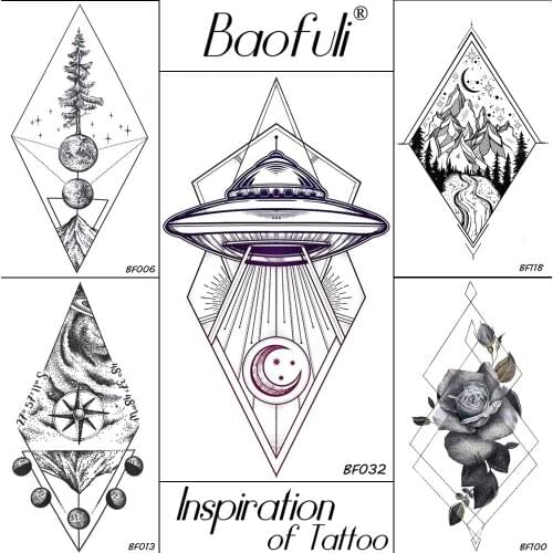 BAOFULI Men UFO Spacecraft Temporary Tattoo Stickers Crescent Star Rhomboid Waterproof Fake Tatoos Body Art Transferable Tattoo
