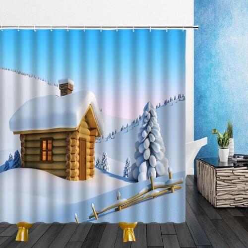 Winter Landscape Shower Curtains Snow Snowman Outdoor Scenery 3D Print Bathroom Home Decor Waterproof Polyester Cloth Curtain