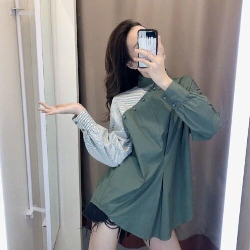 Fashion Design Patchwork Button Women Blouse Summer New 2021 O-Neck Long-Sleeved Loose Elegant Female Pulls Tops