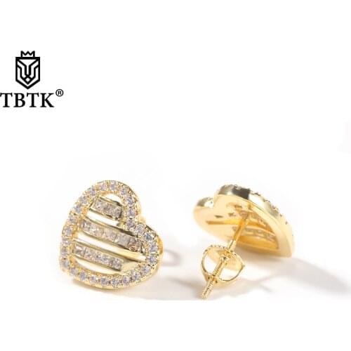 TBTK Brass Earring Heart Shape Stud Earring Paved Cubic Zirconia Back 925 Jubliee Fashion Hiphop Jewelry Women Best Gift
