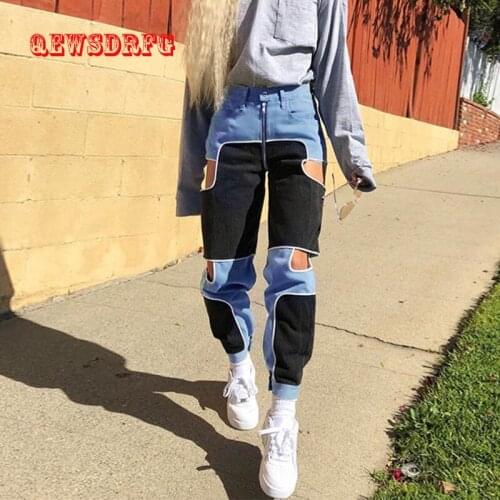 Women Casual Pants Europe United States street hollow casual pants 2019 autumn dance color matching feet trousers female pants