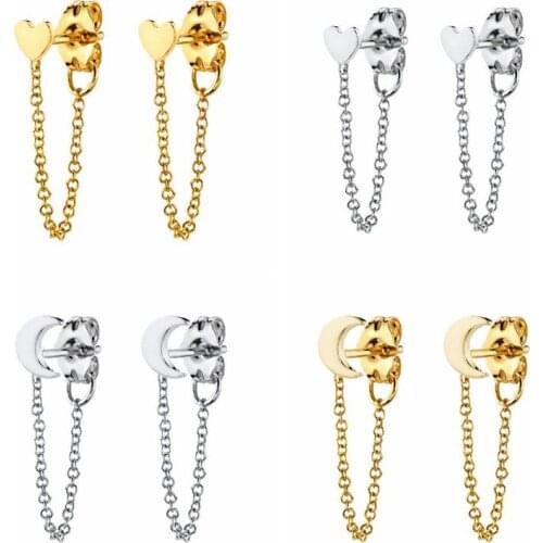 925 Silver Ear Needle moon and star Chain Stud Earrings For Women minimalist Gold Color Pendant Earring Korean Fashion Jewelry