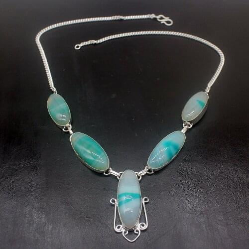 Elegant Jewelry Natural Green BotswanaAgate Silver Color Women Necklace Chain 20 Inch HD247