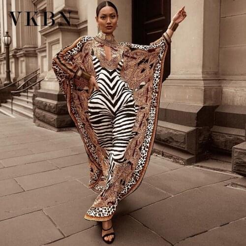 VKBN 2021 Summer Dress Women Casual Batwing Sleeve New Fashion V Neck Leopard Print Loose Waist Pullover Maxi Dress