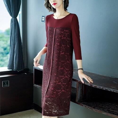 Loose Lace Dress For Women Party Long Sleeve Patchwork Hollow Out Elegant Ladies Midi Dress O-neck Casual Femme Vestidos f2614