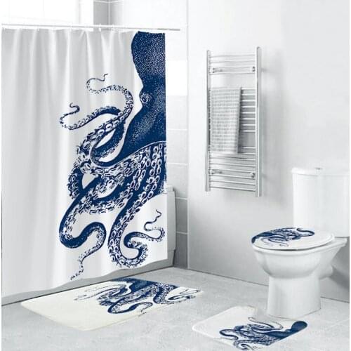 4Pcs Octopus Theme Bathroom Set With Durable Waterproof Shower Curtain And Carpets Rugs Toilet Lid Cover And Bathtub Floor Mat