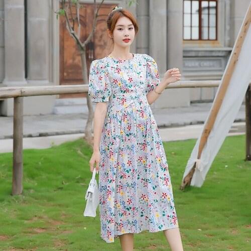 42240# Maternity Dress Summer Cotton Short Sleeves Loose Midi Floral Dress Plus Size Pregnancy Dress Pregnant Women Mom Dress