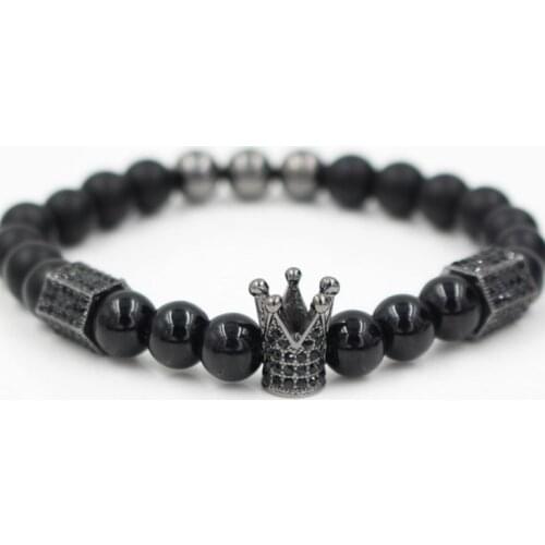 8mm 6tf23 gold silver micro pave cz zircon cubic zirconia Bracelet adjusted bead Crown black stone volcanic lava Bangles