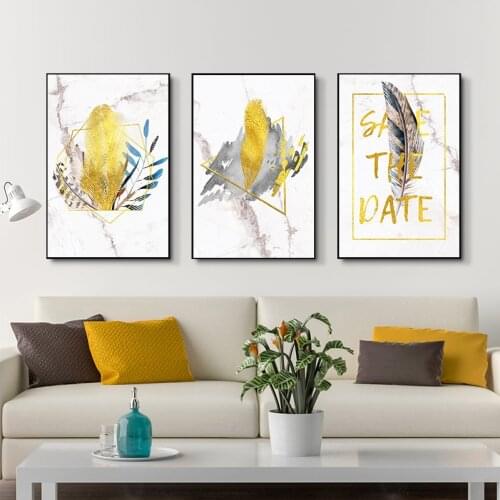 Abstract Gold Leaves Feather Poster Marble Texture Nordic Wall Art Print Picture Canvas Painting Modern Living Room Decoration