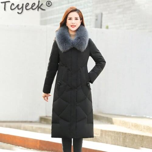 Tcyeek Long Winter Coats for Women Plus Size Fox Fur Collar Jackets Famale Hooded Warm Overcoat Ladies Casaco Feminino SQQ502