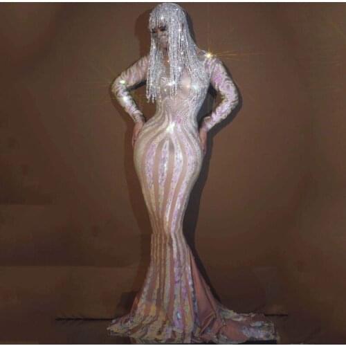 Shiny Sequin Long Sleeve Dress Female Singer Stage Performance Costumes Pole/Jazz Dancing Clothes For Women Rave Outfits DWY5184