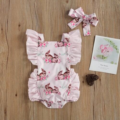 Baby Girls Casual Suit Square Neck Cartoon Rabbit Printed Falbala Ruffle Elastic Bodysuit Bowknot Headband Set